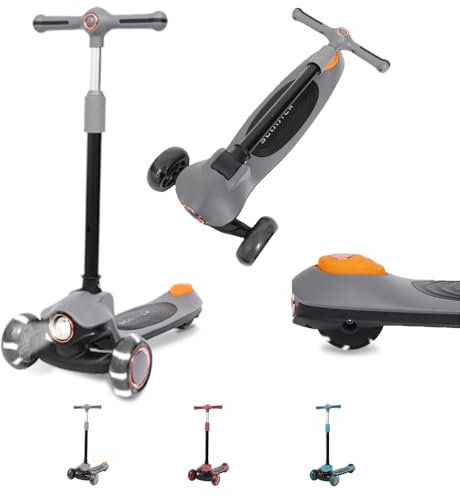 Habib Gruppe Kinderroller Tretroller 3-Rad - LED Frontlicht, Rücklicht & Leuchtendes Deck Scooter, Faltbar, Höhenverstellbar, rutschfest & Pannensicher (3-10 Jahre) (Grau)