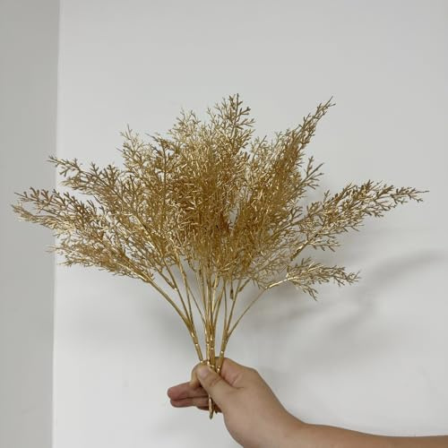 Rikyo 4 Bunches Gold Pine Straw Artificial Plant, 14 Tropical Bush | Gold Plant Fake for Holiday Fill Florals, Indoor Outside Party Flower, Flower Wreaths, Wedding Backdrop Arch Wall