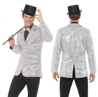 Party Factory Pailletten Frack für Herren, in Silber, Größe XL, Paillettenfrack für Party, Shows oder Karneval, Glamouröses Party-Outfit für besondere Anlässe