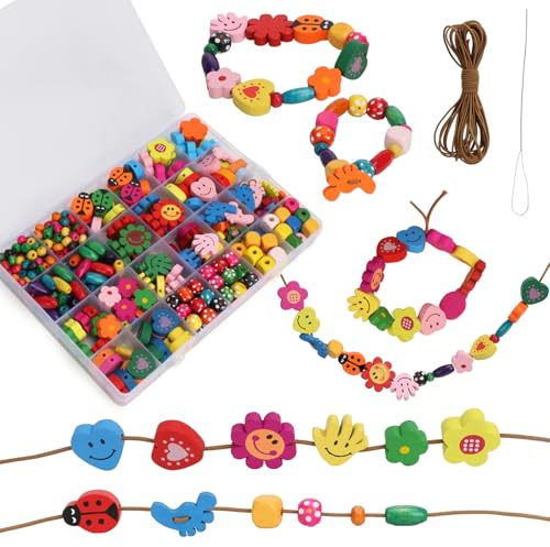 Holzperlen zum Auffädeln Set 400 Stück, Bunt Bastel Perlen zum Auffädeln | 12 Arten Perlen für Armbänder DIY Schmuck Halsketten für Kinder ab 3 4 5+ Jahre, Geschenkidee zum Geburtstag，Mit Zubehör