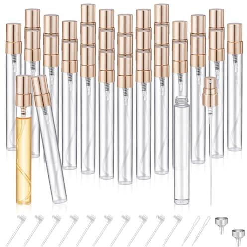 AHANDMAKER Lot de 75 mini vaporisateurs de parfum rechargeables en verre transparent de 10 ml avec entonnoir pour huiles essentielles (bouchon doré)