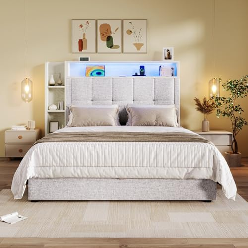 Merax Polsterbett 90x200 cm mit USB Typ-C Ladefunktion, LED-Beleuchtung & seitlichem Regal – Leinenbett mit Stauraum & klappbarem Lattenrost, modernes Bettgestell für Schlafzimmer