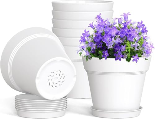 LATERN 10 Pièces Pots de Fleurs en Plastique, 15CM Pot Épais pour Plantes Pot de Semis avec Contrôle des Racines avec Trou de Drainage et Soucoupe pour Plantes Fleurs Herbes Succulentes Cactus (Blanc)