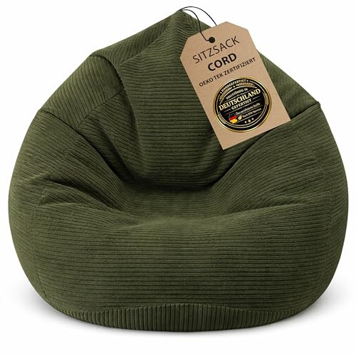 BuBiBag Premium Sitzsack Cord XXL – Fertig befüllt & Oeko-Tex Zertifiziert – Kratzfester Breitcord Gaming Sessel – Robuster Bean Bag für Kinder & Erwachsene – Pflegeleicht (Olivgrün 120x95cm)