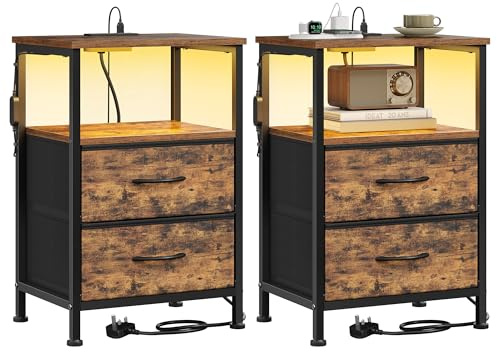 SONGMICS BELLAH Collection - Bedside Table with Charging Station, Side End Table with App-Controlled Adjustable LED Lights, Modern, 1 Shelf, 2 Drawers, Set of 2, Rustic Brown LGS202K103