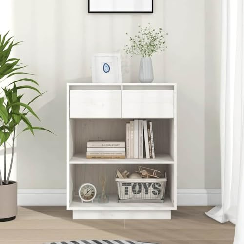 Holamys Armoire Console en Bois de pin Massif Blanc 60x34x75 cm Rangement tiroirs étagères pour Chambre Salon Bureau décoration esthétique Pratique