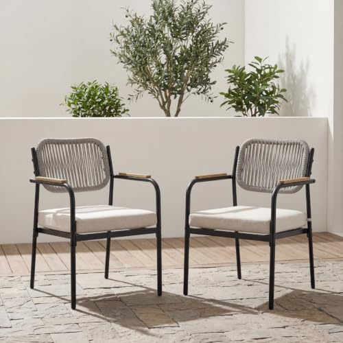 Ya-Home Stackable Outdoor Garden Dining Chairs with Rope Back 2PCS Beige | Splash-Proof & Removable Cushion, Breathable Weave Back, Rustproof Metal Frame, Wood Armrests, for Patio Balcony Conservatory