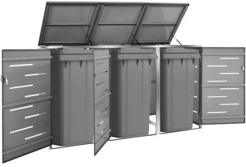 Boîte à poubelles pour 3 poubelles, anthracite, 207 x 77,5 x 112,5 cm, revêtement en acier galvanisé et acier inoxydable