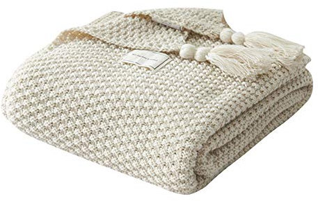 Zoomlie Nordic Handgemachte Strickdecke, modischer Überwurf, für Sofa, Bett und als Zudecke, Polyester baumwolle, beige, 130x170cm