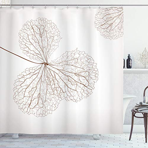ABAKUHAUS Botanik Duschvorhang, Natürliche botanische Pflanzen, Stoffliches Gewebe Badezimmerdekorationsset mit Haken, 175 x 220 cm, Weiß und Braun
