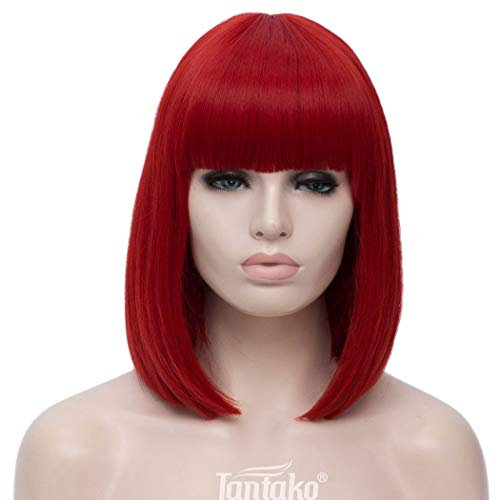Kurze Rot Bob Perücke mit Pony, TANTAKO Damen Rote Synthetisches Haar Perücken für Täglich Party Karneval Halloween