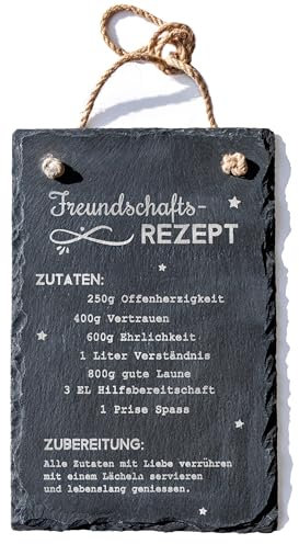 Spruchreif · Schiefer Tafel mit Gravur Rezepte · Türschild · Schieferschild mit Juteband · Dekoschild aus Schiefer zum Aufhängen (Freundschaftsrezept)
