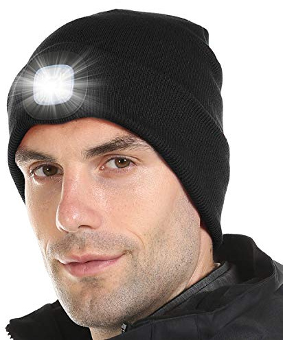Attikee LED Lighted Beanie Cap for Adults, USB Rechargeable 4 LED Headlamp Hat, Unisex Winter Knit Hat Torch for Running Cycling Camping, Christmas Tech Gifts for Men Dad Women Teens