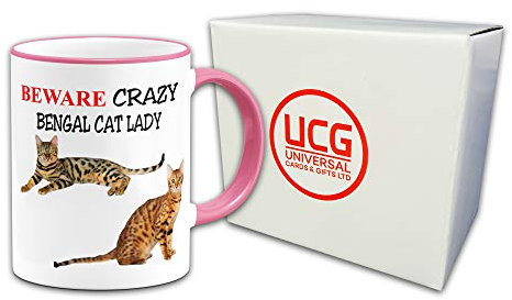 Beware Crazy Bengal Cat Lady Funny Novelty Gift Mug - Pink Handle/Rim