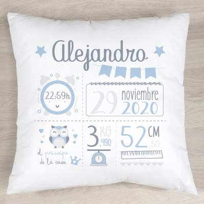 Verimpressió Cojín personalizado para recién nacido con datos de nacimiento 40x40cm | Relleno incluido | Fabricado en España (Azul)