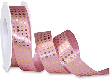 finemark 20 m x 25 mm Satinband ROSA Altrosa mit Gold Punkten Schleifenband Geschenkband Dekoband Glanz Dots gepunktet Geburtstag Geschenkverpakung Dekorieren Weihnachten glänzend Satin