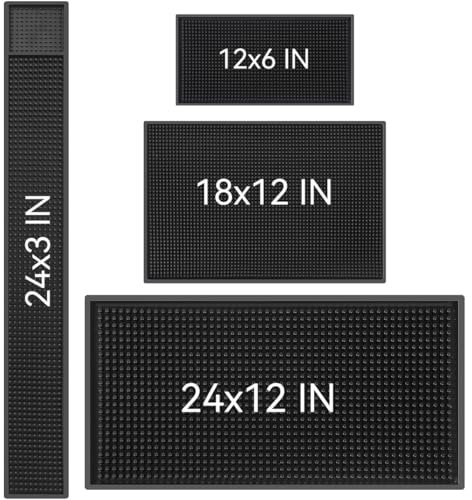 Lot de 4 Tapis de Bar en Caoutchouc Souple antidérapant pour Bar à Cocktail et café (61 x 30,5 cm + 45,7 x 30,5 cm + 58,4 x 7,6 cm + 30,5 x 15,2 cm, Noir)