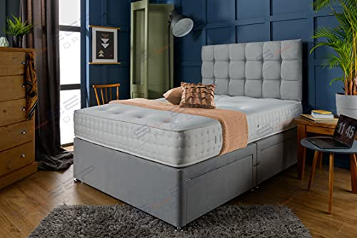 Sleep Factory's Luxury Divan Bed Set in Grey Suede with York Headboard and Memory Sprung Mattress 3.0FT (Single) 2 Drawers Same Side