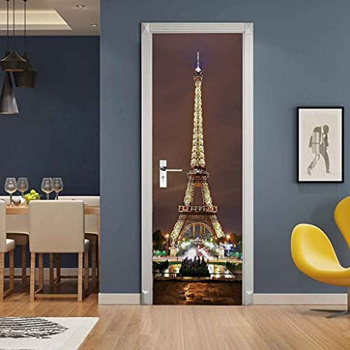 CBWRAW 3D Türtapete Fototapete Selbstklebend Türposter Abnehmbar PVC Fototapete Türfolie Eiffelturm Bei Nacht Muster Türaufkleber Für Wohnzimmer Erwachsene Kind Schlafzimmer Küche 77x200cm