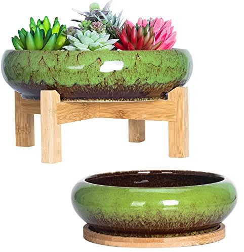 ARTKETTY Lot de 2 Pots de Fleurs colorés en céramique pour Plantes succulentes - 18,5/25 cm - Grand Pot à bonsaï avec Plateau - pour Cactus et Jardin