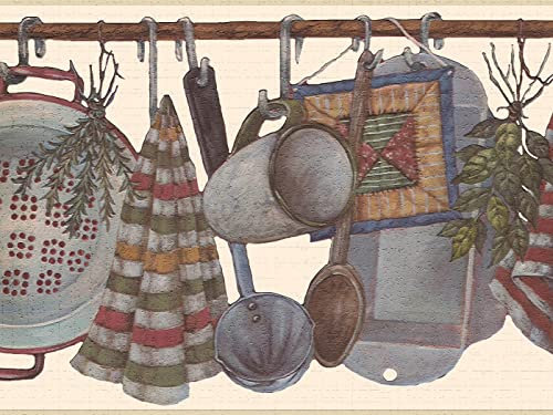 Dundee Deco Wallpaper Border Peel and Stick DDAZBD9272 Kitchen Red Grey Brown Cooking untensils Wall Border Retro Design, 15 ft x 7 in (4.57m x 17.78cm), Self Adhesive