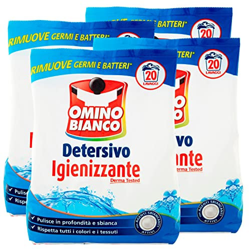 Omino Bianco Detersivo Lavatrice in Polvere Igienizzante con Antibatterico Rimuove Germi e Batteri 20 Lavaggi - 4 Confezioni da 1100 g ognuna