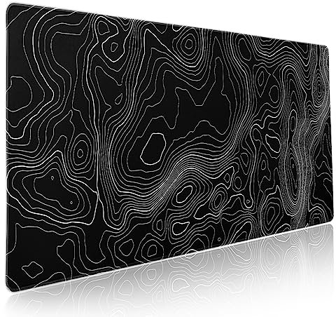 Toographic Contour Black Gaming Mouse Pad XXL Geographic Map Lines Extended Big Large Desk Mat Non-Slip Rubber Base Stitched Edge Long Keyboard Mousepad for PC Computer laptop,35.4×15.7 in