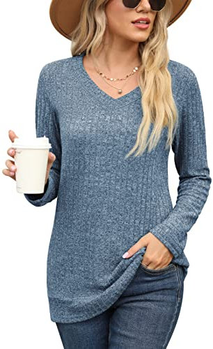 PrinStory Damen Langarmshirts V-Ausschnitt Sweatshirt Lässig Tunika Einfarbig Pullover EU Size 42-44 (Hellblau, L)