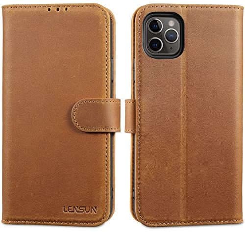 LENSUN Echtleder Hülle für iPhone 11 Pro Max, Handyhülle [Echtes Leder][Magnetverschluss][RFID Schutz] Handytasche Lederhülle für iPhone 11 Pro Max-Vintage Braun