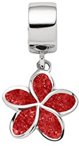 DUR Einzel Charm-Anhänger Plumeria Blüte für Damen aus 925er Sterling-Silber mit Koralle in der Farbe Silber und Rot, Maße: 1,7x1,15 cm, F321