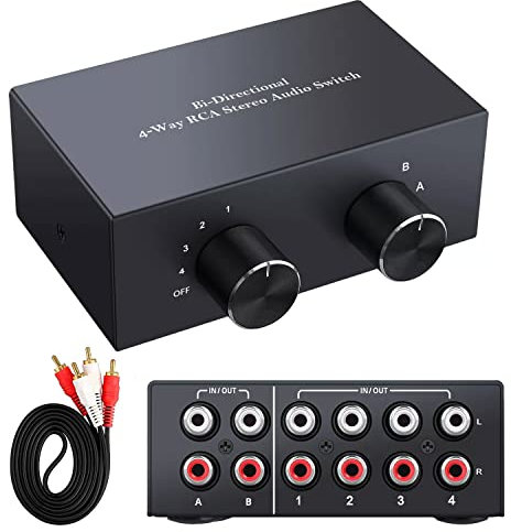 XMSJSIY Commutateur audio stéréo RCA bidirectionnel à 4 voies, 2 entrées 4 sorties ou 4 entrées 2 sorties, commutateur audio RCA L/R canal répartiteur audio boîte de commutation (RCA 2 x 4/4 x 2)
