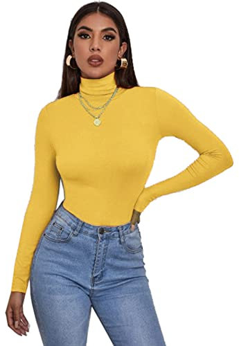 Zaif & Hari® Women's Polo Roll Neck Long Sleeve Turtle Neck Jumper - Ladies Plain Mockneck Casual Top (Yellow, 12-14)