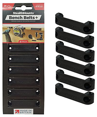 StealthMounts Black Bench Belt Plus - Universal Tool Holder | Bench Belt + Set | Perfect Tool Hanger for Power Tools, Tape Measures and Belt Clips (6 Pack)