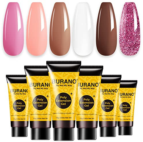 BURANO Poly Extension Gel Nail Kit, 6 Colors Nail Poly Nails Builder Gel Set for Beginner & Professional Using, Poly Nail Gel Kits DIY Starter Kit Nail Art Gift (pink)