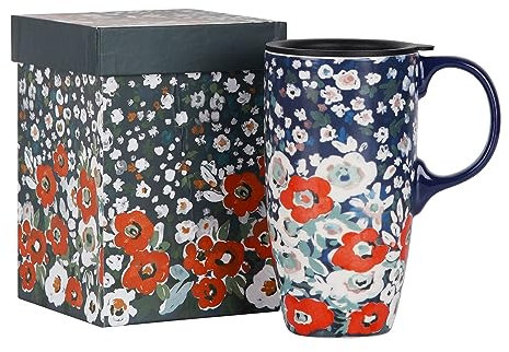 DUSVALLY Ceramic Mug Large Coffee Cup Tall Mugs Porcelain Latte Tea Cup with Lid 17oz,White and Red Flower
