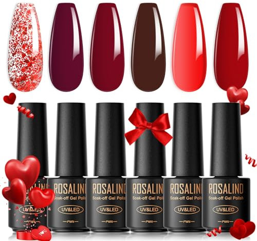 ROSALIND UV Nagellack Rot, 6 Farben Mini Gel Nagellack, UV Set Glitzer Rot Burgunder Dunkel Soak Off Nail Polish French Manicure für Frauen Mutter Geschenkset DIY zu Hause