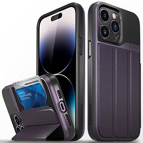 VENA vCommute Wallet Case Compatible with Apple iPhone 14 Pro Max (6.7-inch), (Military Grade Drop Protection) Flip Leather Cover Card Slot Holder with Kickstand (Purple/Black)