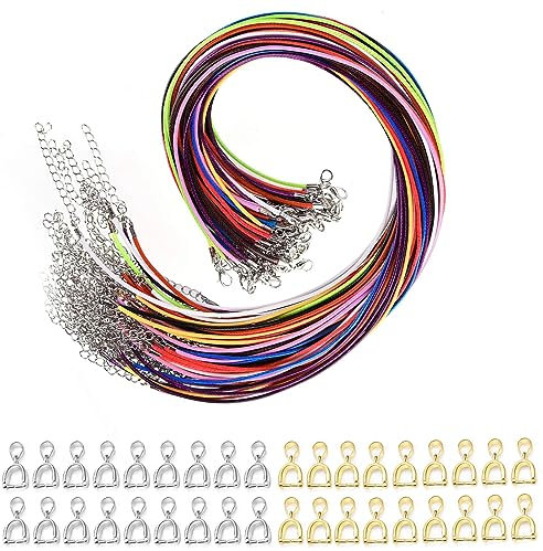 DesertBoy 50 Stück Geflochtene Gewachste Halskette mit 50 Stück Anhängerschlaufe Ösen,Lederband Kette,Gewachste Halskette Cord für DIY-Armband,Halskette, Schmuckherstellung