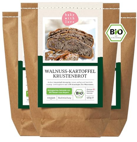 Bio Walnuss Kartoffel Krustenbrot Backmischung - Brotbackmischung Walnussbrot Kartoffelbrot - Brotbackautomat geeignet - Bake with Love - (3er Pack)