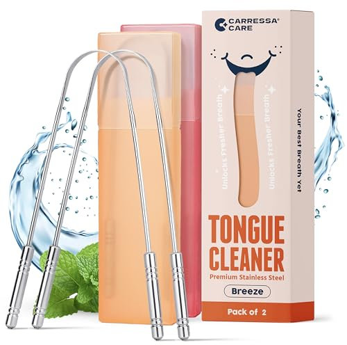 CARRESSA CARE Zungenschaber mit Reiseetuis – 100% Edelstahl Zungenreiniger für frischen Atem & leicht zu tragen – 2 Stück Zungenreiniger für tägliche Hygiene & Mundpflege – Erwachsene