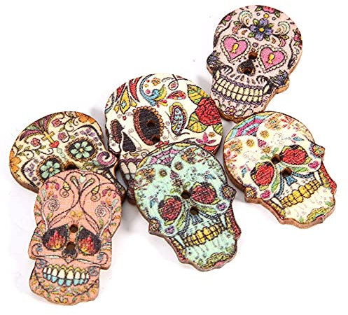 Totenkopf-Knöpfe aus Holz, 50 Stück, Zum Basteln, Nähen, Kleidungsdekoration, Hochwertiges Holz (Gemischter Stil 1)