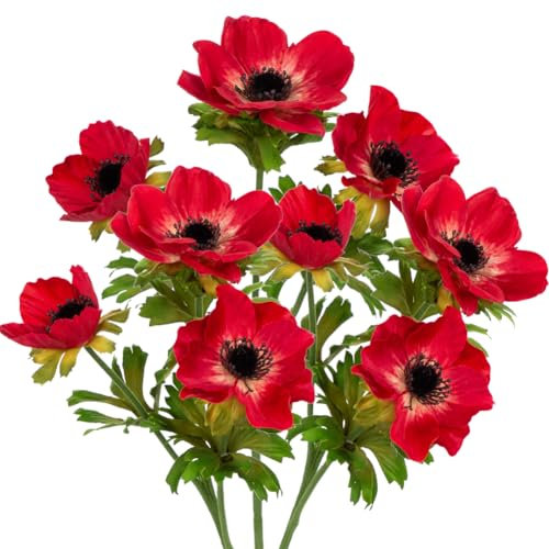 Briful 3er Set Künstliche Anemonen Kunstblumen Wie Echt Kunstzweige Rote Frühlingsblumen, Länge 55 cm, Dekoblumen für Blumengesteck Home Resto Büro Dekoration