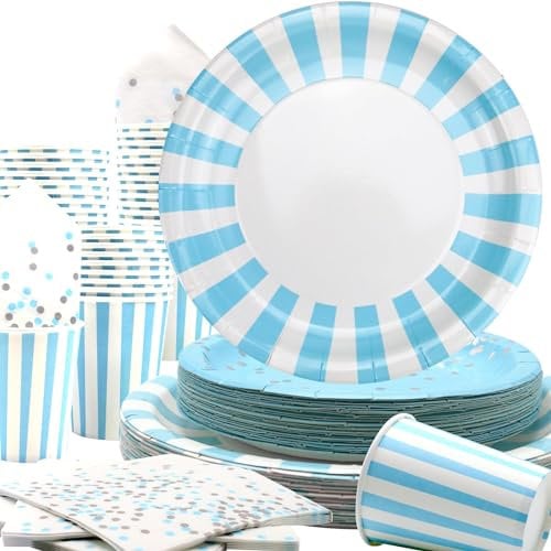 Obussgar Set stoviglie a Righe Azzurre comprende Piatti, tovaglioli, Bicchieri di Carta per Feste di Compleanno, Lauree, Matrimoni, Baby Shower (Azzurro 40)