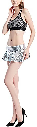 Frauen Metallic Skater Mini Rock Shinny Disco Rave Nachtclub Tanz Party A-Linie Solide Ausgestellte Plissee Kurze Röcke Holographische Clubwear, silber, 44