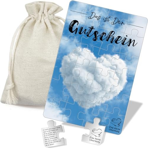Tixlux Gutschein Puzzle 24-teilig, Kleine Umarmung Glücksbringer, Glücksbringer-Puzzle, Gutschein Coupon zum Selber Ausfüllen, Gutscheinkarte Geburtstag, Mutmacher Geschenk, mit Baumwoll-Säckchen