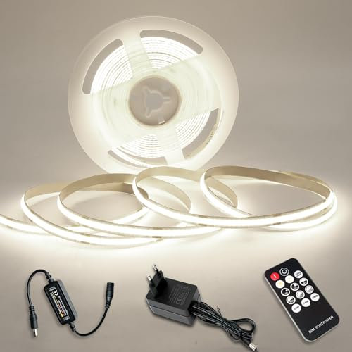COB LED Streifen Warmweiss 10M, LED Stripe Dimmbar 24V 6000K, lichtband led selbstklebend Wasserdicht IP44, Lichtleiste mit Netzteil und Controller für Unterbau, TV Küche Wohnzimmer DIY (6000k, 10m)