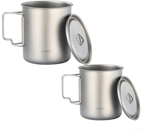 Oceanlend Tazza da campeggio in titanio, leggera con manico pieghevole, design con segni di volume, per campeggio all'aperto (450 ml + 750 ml)