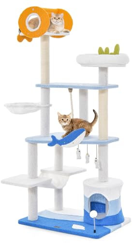 COSTWAY Cat Tree, Multi-Level Cat Climbing Tower with Sisal Scratching Posts, Top Perch, Hanging Toys, Ocean-Themed Kitten Activity Center for Indoor Cats