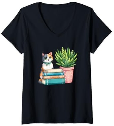 Mujer Lindos libros y plantas para gatos Camiseta Cuello V