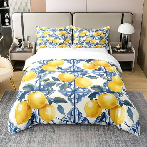 Loussiesd Zitrone 100% Baumwolle Bettwäsche Set 135x200cm Kinder Tropische Frucht Druck Bettbezug Set für Jungen Mädchen Sommer Urlaub Stil Betten Set Natürliches Thema Bettwäsche-Set